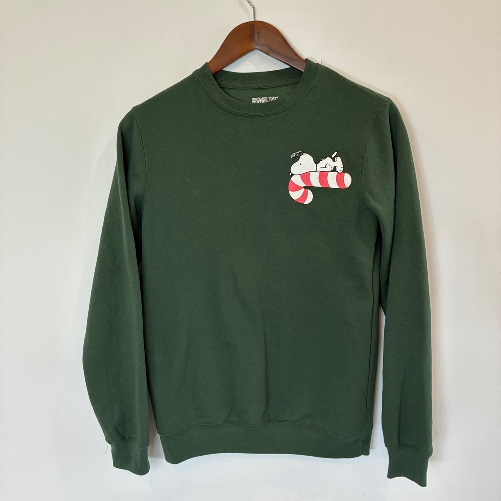 Peanuts Snoopy Candy Cane Christmas Sweatshirt Green XS Holiday Pullover